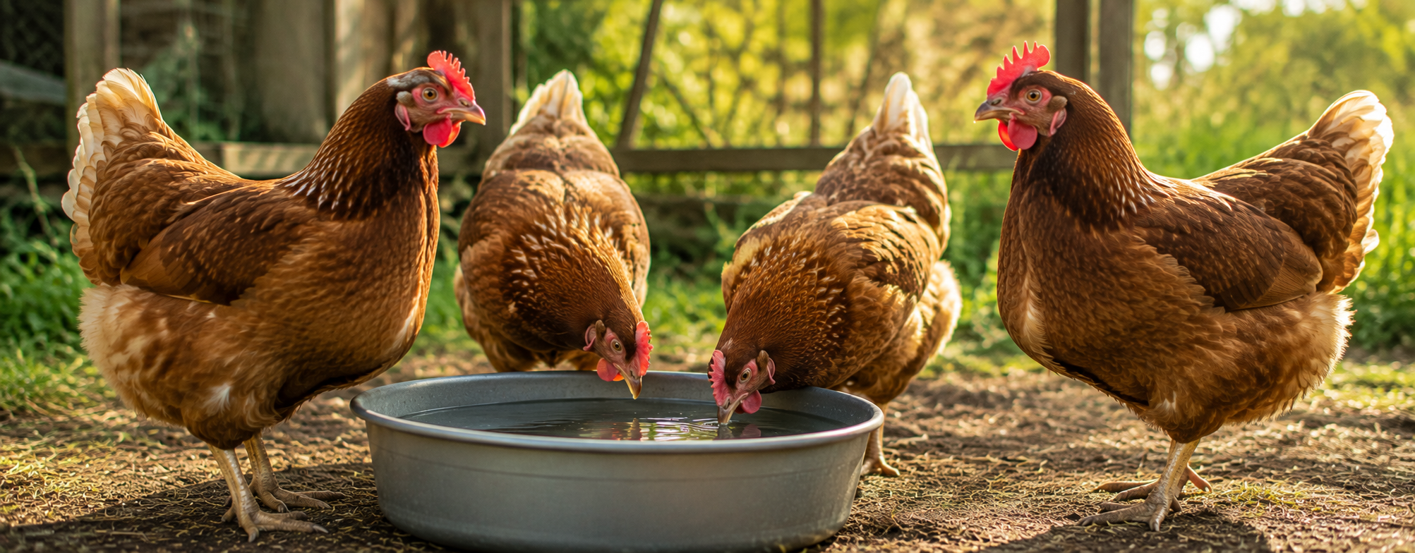 Image de poules s'abreuvant illustrant la FAQ abreuvoirs