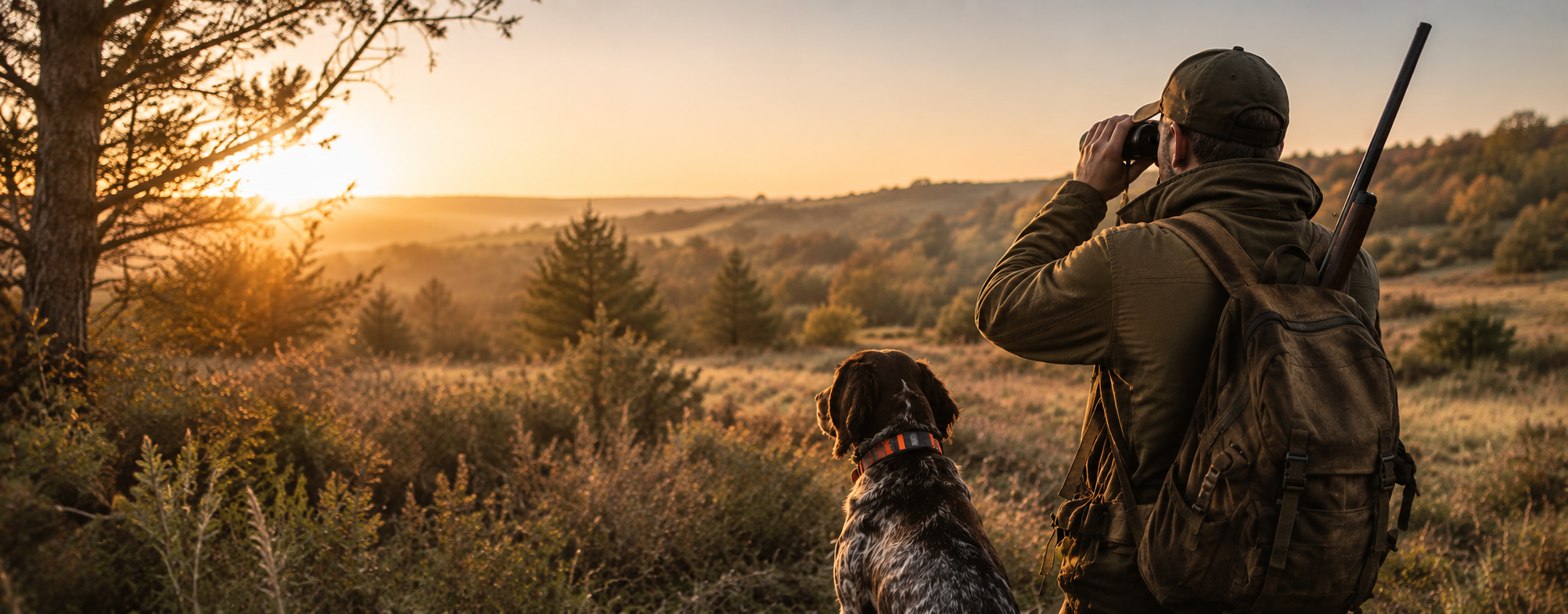 Chasseur accompagné de son chien observant un territoire aux jumelles