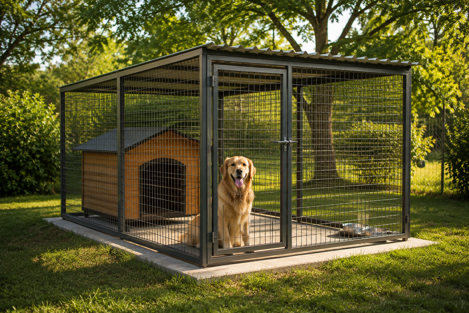 Golden retriever heureux dans son chenil