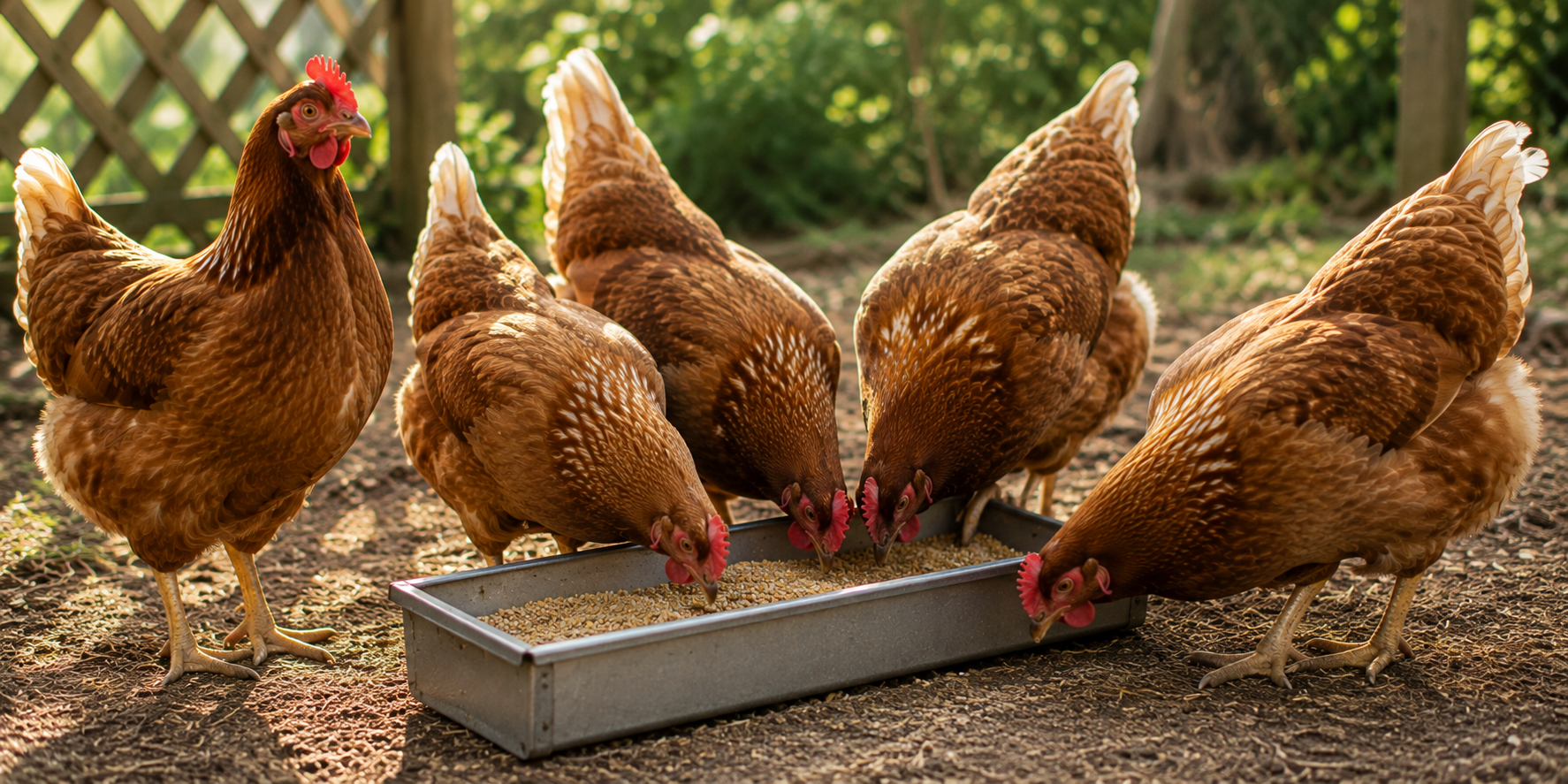 Poules mangeant dans une mangeoire pour illustrer la FAQ mangeoires