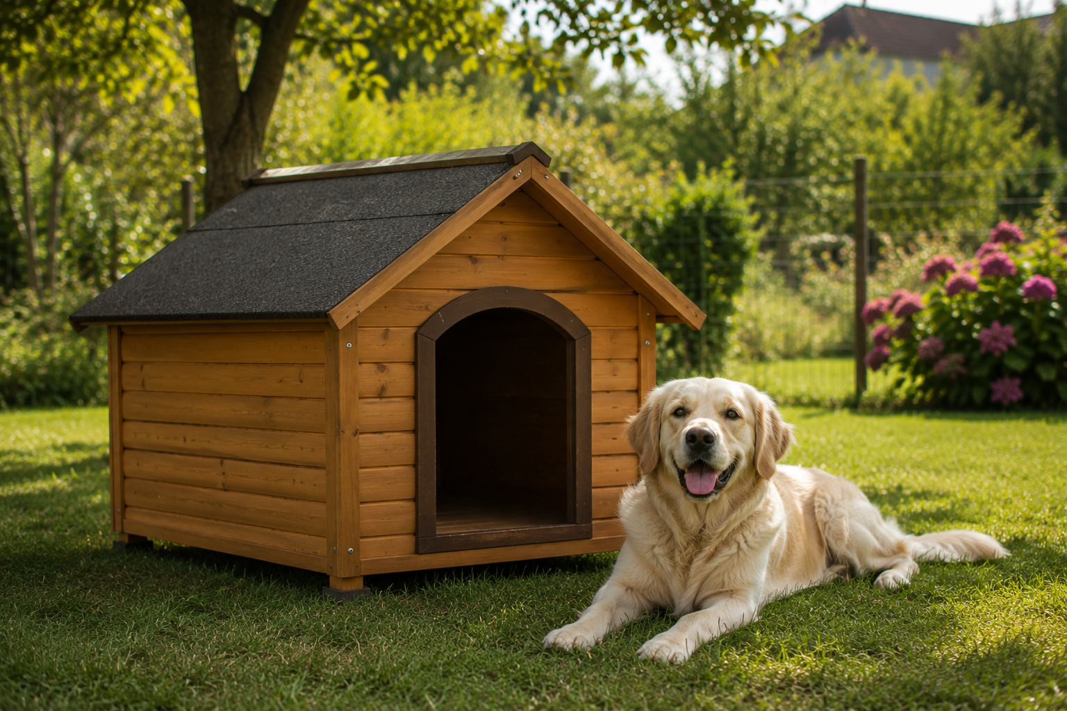 Golden retreiver heureux devant sa biche pour illustrer la FAQ niche
