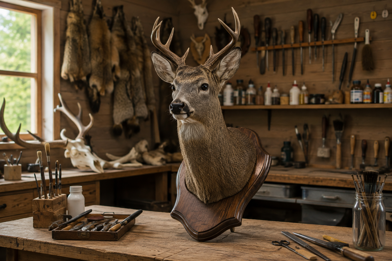 Atelier de taxidermie avec trophée de cerf et matériel de préparation