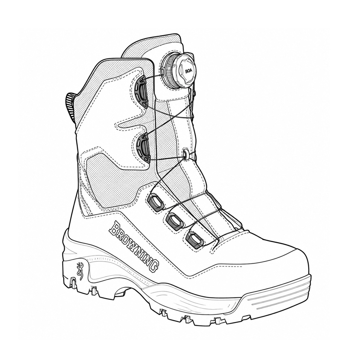 Illustration technique des chaussures de chasse Browning Huntsman II dans le cadre de la comparaison avec la chaussure de chasse Browning Pathfinder